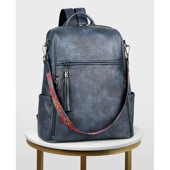 Women's Dusty Blue Retro Style Backpack Designer 15.6 inch PU Leather Laptop Bag - Picture 8 of 9